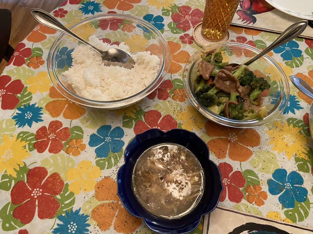 Panda House steamed rice, broccoli beef, and hot and sour soup